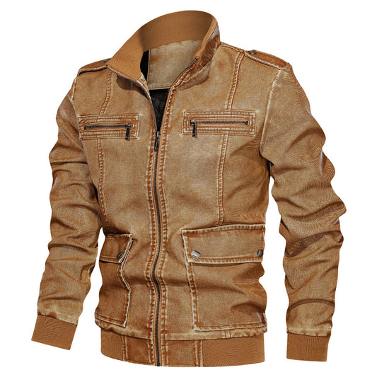 Mens Retro Washed Leather Multi-Pocket Loose Plus Size PU Leather Jacket