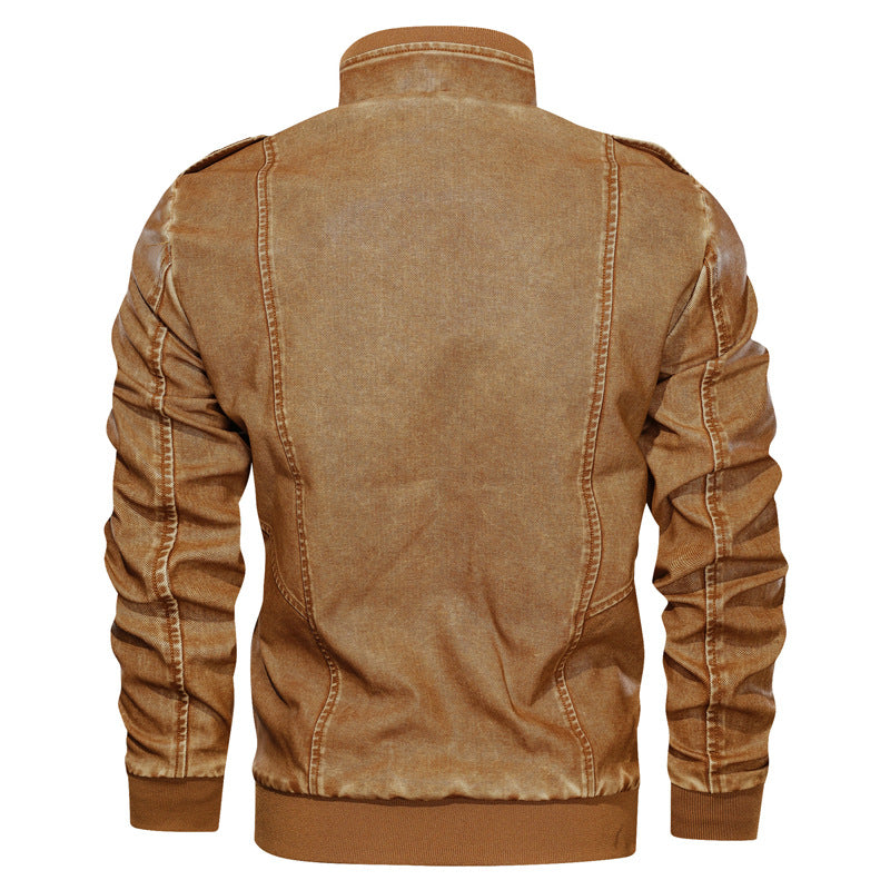 Mens Retro Washed Leather Multi-Pocket Loose Plus Size PU Leather Jacket