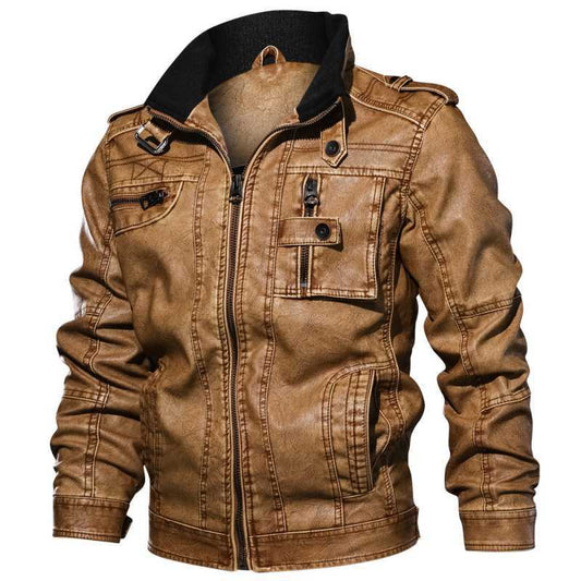 Mens Stand-Up Collar Plus Size Casual Washed Pu Leather Motorcycle Leather Jacket