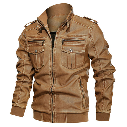 Mens Plus Size Loose Multi-Pocket Washed Retro Motorcycle Pu Leather Jacket