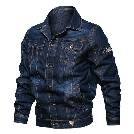 Mens Plus Size Multi-Pocket Lapel Denim Jacket