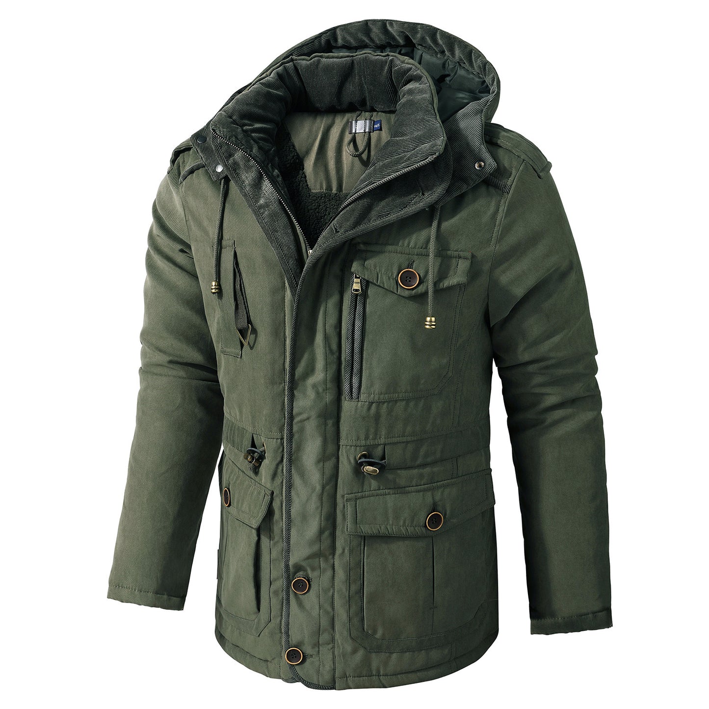 Mens Cashmere Hooded Thickened Multi Pocket Coat Padded Jacket