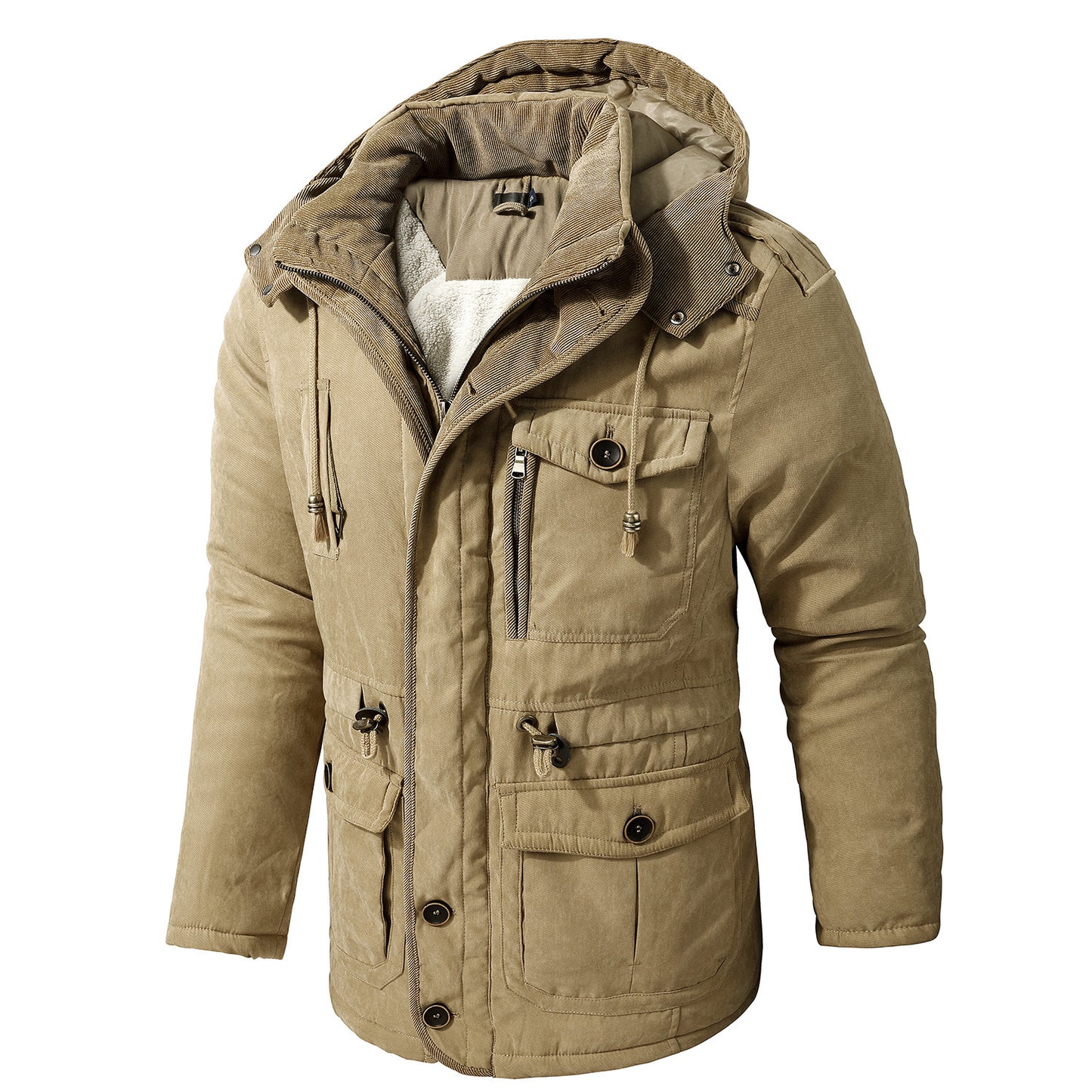 Mens Cashmere Hooded Thickened Multi Pocket Coat Padded Jacket