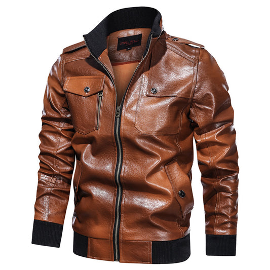 Mens PU Leather Jacket Fall Stand Collar Large Size Leather Jacket