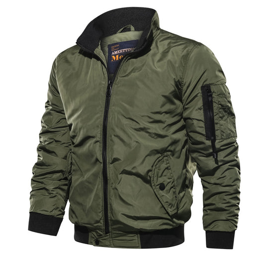 Mens Jacket Casual Pure Color Stand-collar Flight Jacket