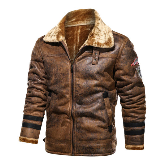 Mens Plus Size Plus Fleece Leather Jacket Faux Fur One-Piece Suede Loose Coat