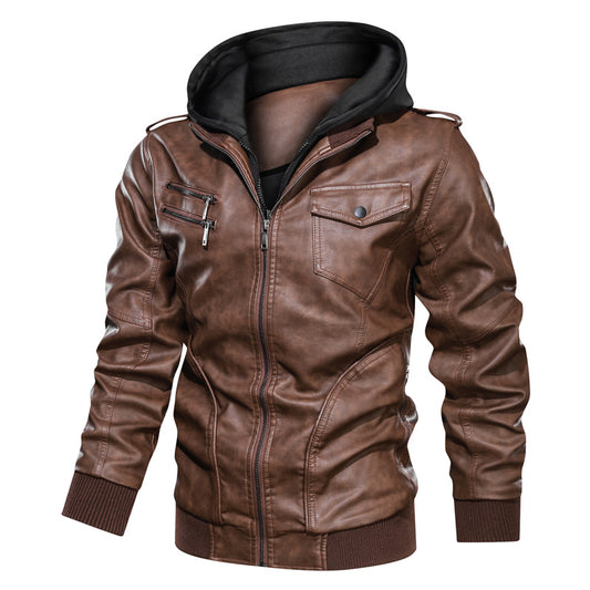 Mens Detachable Hooded Pu Leather Plus Size Leisure Motorcycle Leather Jacket
