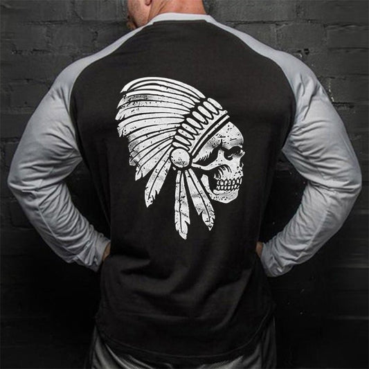 Plus Size Tribal Skull Print Raglan Long Sleeve Gray/Black