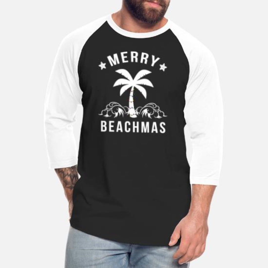 Plus Size Merry Beachmas Palm Tree Beach Christmas Long Sleeve - Black/White