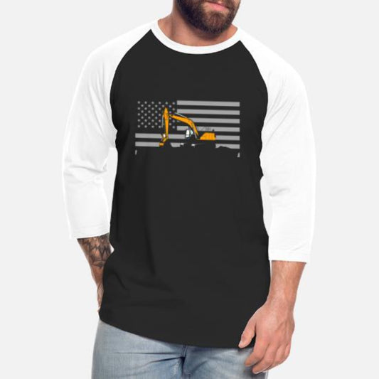 Plus Size American Flag Excavator US Flag Long Sleeve - Black/White