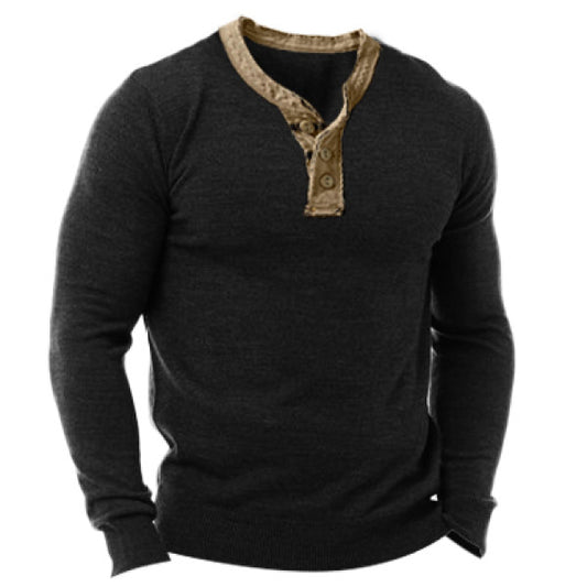 Mens Vintage Henley Collar Long Sleeve Pullover